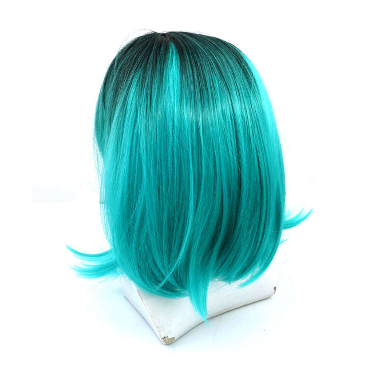 Seksi Wanita Warna Gradien Teguran Lurus Pendek Bobo Sintetis Dicat Warna Seluruhnya Rambut (Tinta Biru + Hijau Tua) -Internasional
