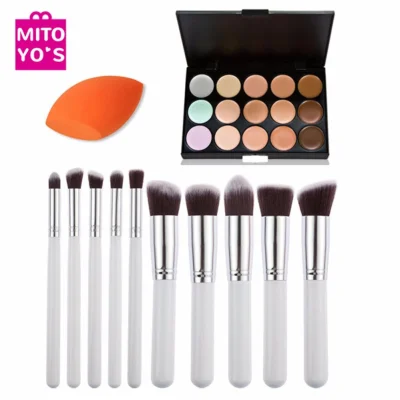 Mitoyos Makeup Set 15 Color Correct Concealer + 10 Pcs Cosmetic Brush + Beauty Puff Blender