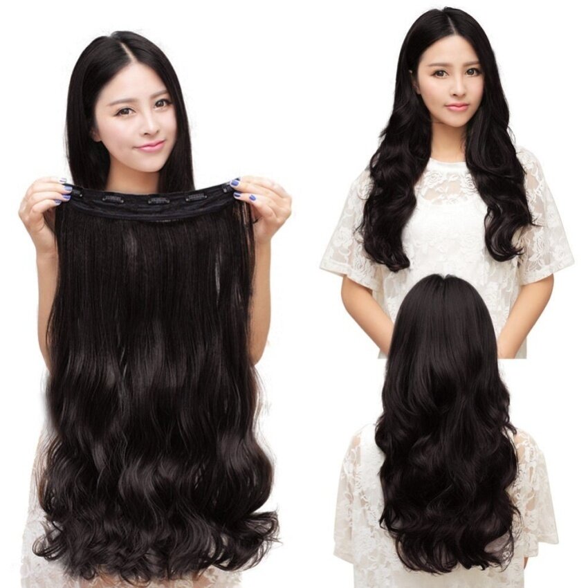 leadingtrust One Piece Clip 5 Clips In Synthetic Human Hair Extensions Long Wavycurly Hair Black - intl