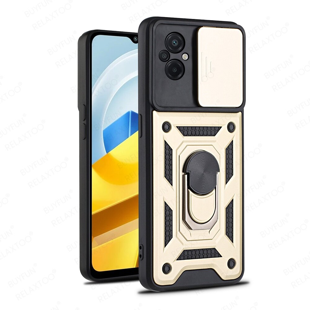 For Xiaomi Poco M5 M5s PocoM5 Shockproof Armor Phone Case Business Push Pull Camera Protection Case With Metal Ring Holder Bracket Hard Back Cover casing