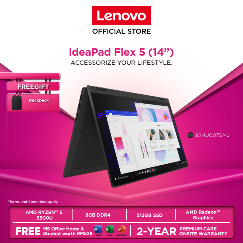 Lenovo IdeaPad Flex 5 14ALC05 82HU007RMJ/82HU007SMJ A 14|RYZEN 5|8GB||512GBSSD|W10H|OFF.H&S|2YRPC|BACKPACK Malaysia