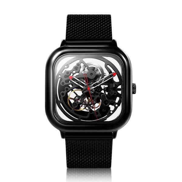 XIAOMI Ciga Desain Pria Otomatis Jam Mekanikal Penuh Hollow Tali Baja Tahan Karat Jam Tangan-Silver Hitam