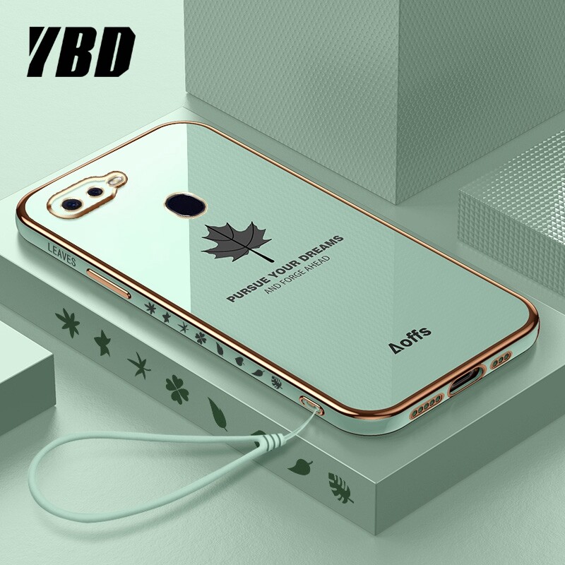 YBD Straight Edge Plating Phone case For OPPO F9 Pro casing, Precise Camera Protection case Maple leaf pattern cover with Free lanyard