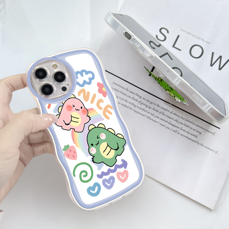 (With Free Holder) Jizetin Phone Casing For Xiaomi Redmi Note 10 Note 10S Note 10 Pro Note 10 5G Note 9 Note 8 Fashion Soft Wavy Phone Case Dinosaur Cartoon Shockproof Cellphone Casing Full Cover Camera Protection
