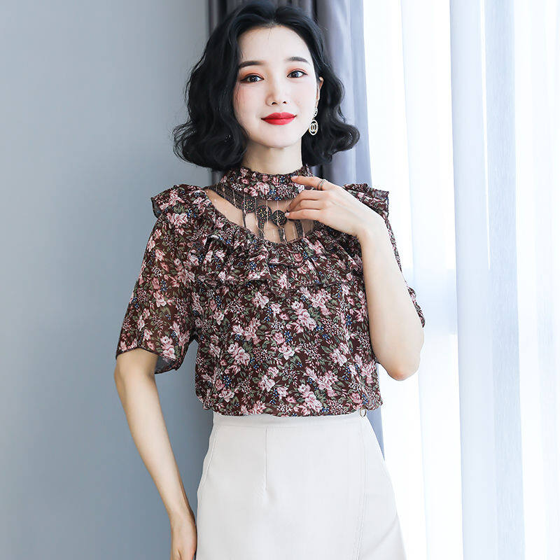 Yushu Women Spring Summer Style Chiffon Blouses Shirts Lady Casual Three Quarter Lantern Sleeve Flower printed Blusas Tops