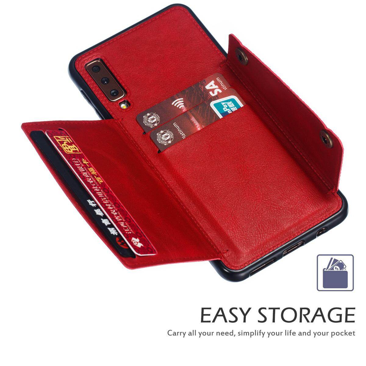 Cho Samsung A7 2018 A750 da trường hợp nhiều Folio lật Bìa Wallet trở lại trường hợp vỏ, có thể làm việc với gắn trên xe hơi, ẩn thẻ tín dụng ID khe giữ, retro nút kim loại clasp, đứng hỗ trợ