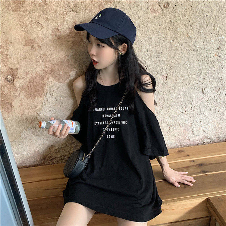 MSBEST Off-Shoulder T-shirt Women Loose Korean Mid-length Short Sleeve Top New Harajuku-Style