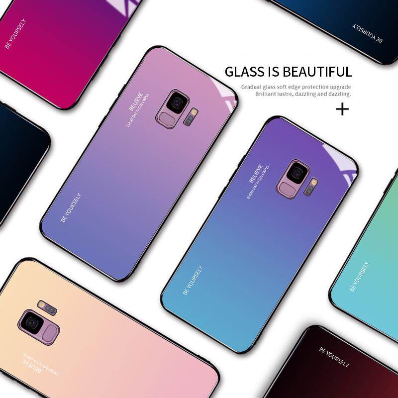 Luxury Aurora Rainbow Casing Gradient Series Case Shockproof Tempered Glass Back Cover Silicone Soft Edge Casing For Samsung Galaxy S8+ S8Plus S8 Plus