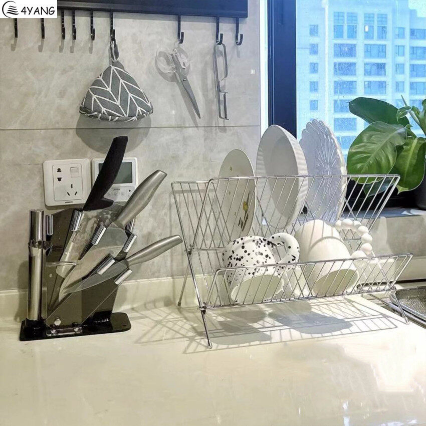 Large Dish Drying Rack M ulti-functional Foldable Cup Drainer 2-Tier Strainer Holder Tray Stainless Steel Kitchen Accessories