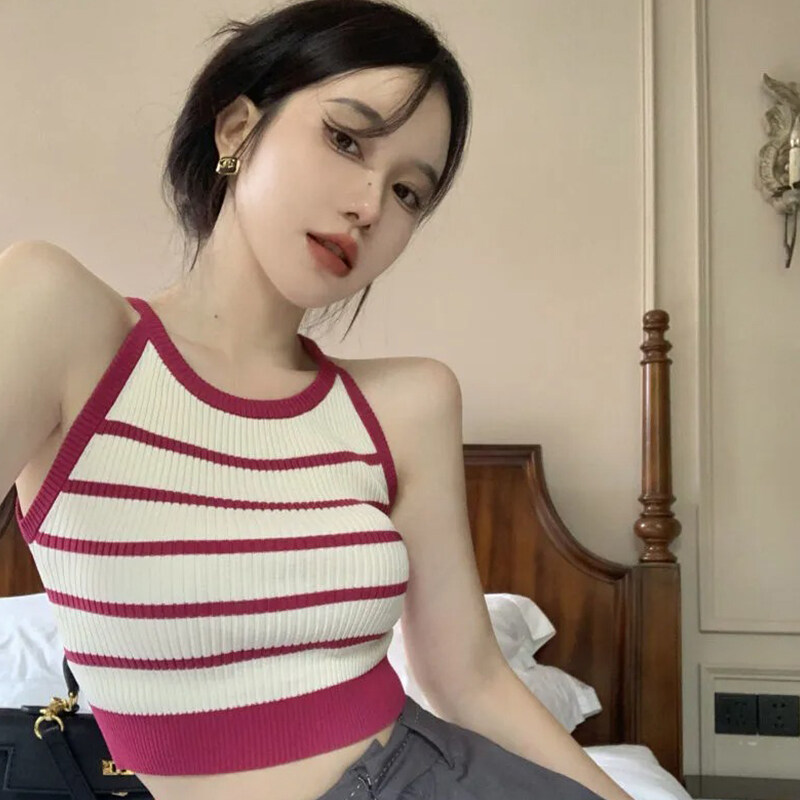 Beautifultime Áo Dệt Kim Cho Nữ Áo Ba Lỗ Hở Eo Phong Cách Hàn Quốc Áo Ba Lỗ Kẻ Sọc Cổ Điển Mùa Hè Ôm Sát Không Tay Cổ Tròn