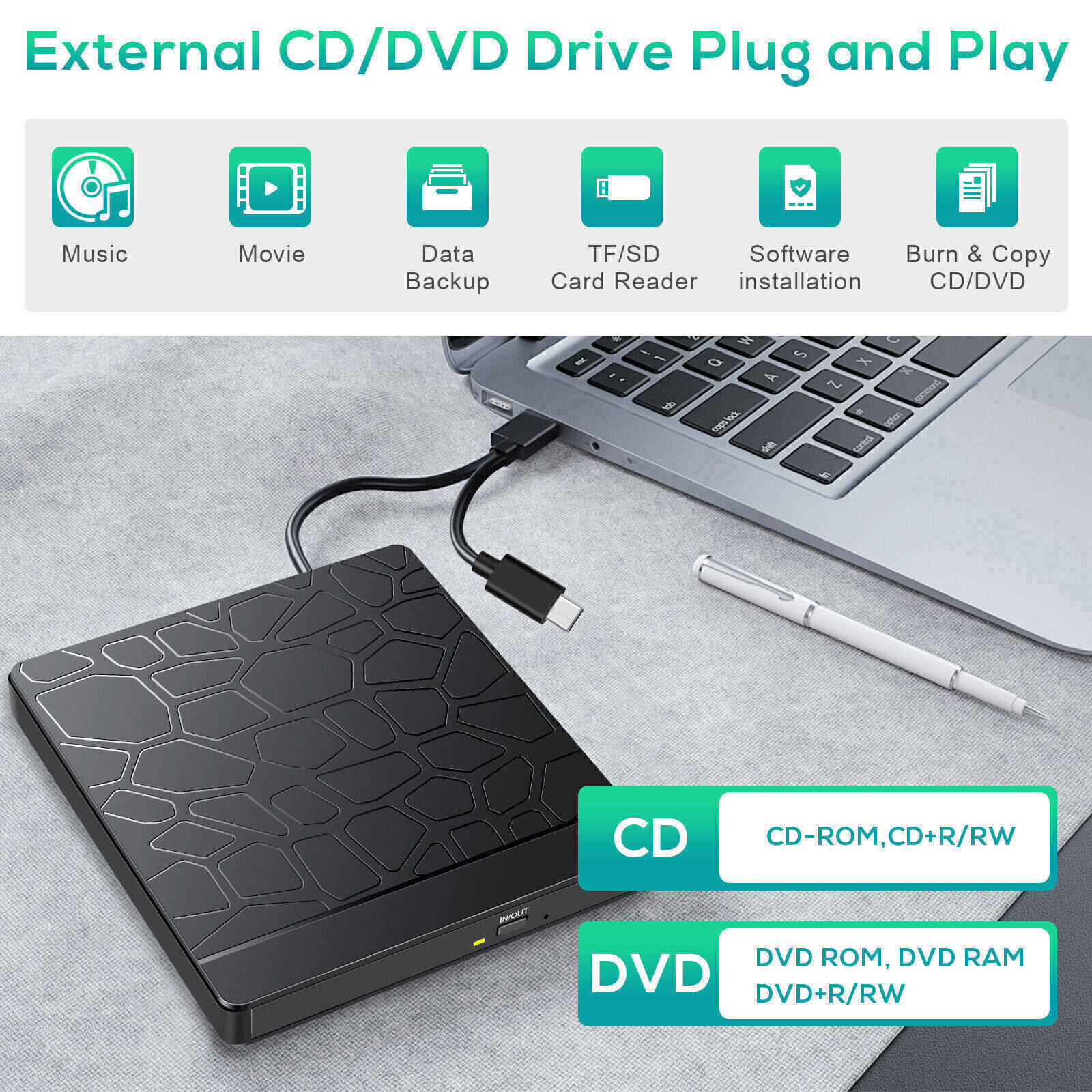 Đầu Đọc HP USB 3.0 Ổ Ghi Cho Mac Máy Tính Xách Tay DVD-RW CD Slim
