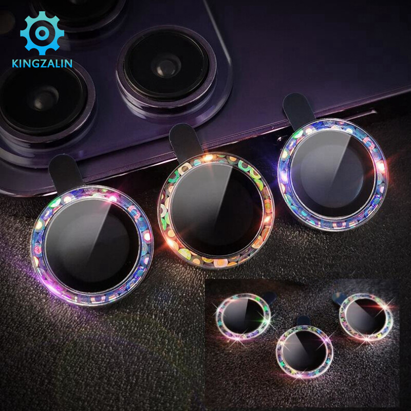 Kingzalin Single Lap Bling Diamond Camera Lens Protector For iPhone 14 Pro Max 14 Plus 13 Mini 12 Pro Max Sparkling Metal HD Tempered Glass Lens Film For iPhone Series