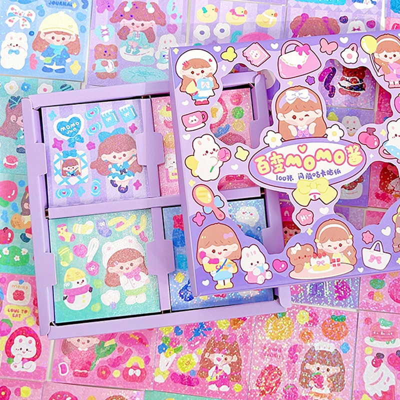 100 Sheets Boxed Cartoon Glittering Stickers Student Decorative DIY Material Stickers Set