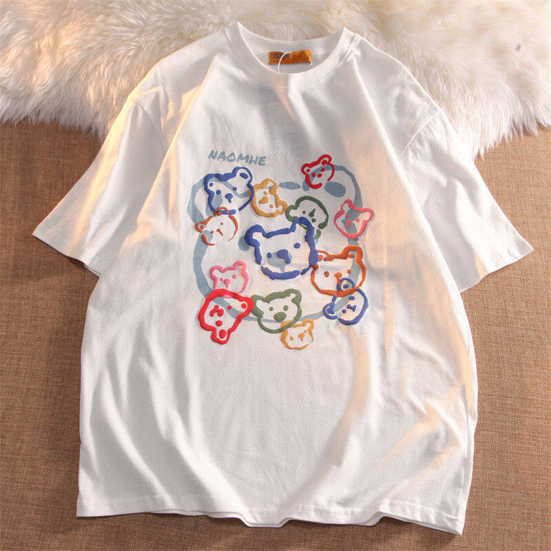 Women Graffiti Bear Print Short-sleeved Loose Couple T-shirt