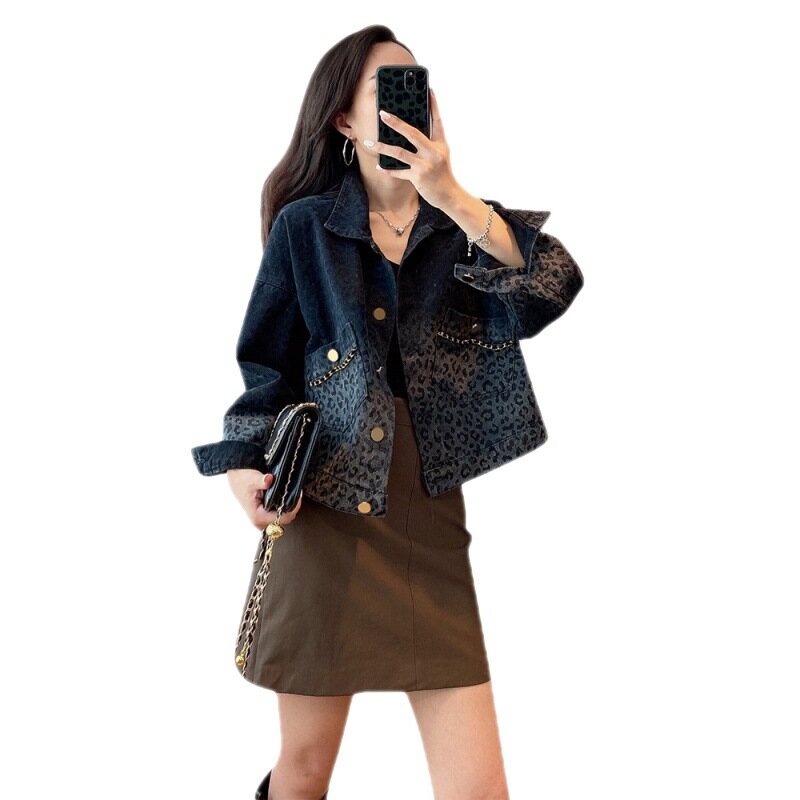 Áo Khoác Denim Da Báo Retro Màu Đen Mùa Xuân Áo Khoác Ngắn Thời Trang Nữ