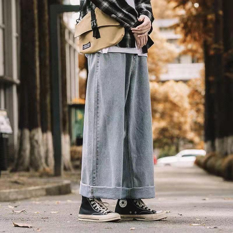 Wide leg jeans for men Korean style oversized loose Straight tube high street pendant casual trousers
