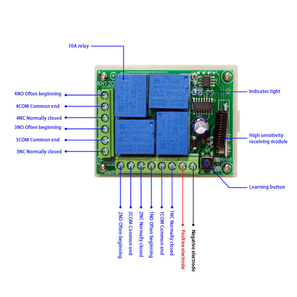 DC12V 433MHz peach wood 4-key ABCD remote control switch learning type DC four-way intelligent wireless control module relay receiver built-in battery