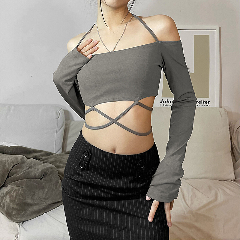 Tiktok style Women T-Shirt, Solid Color Halter Neck Off Shoulder Long Sleeve Bandage Crop Tops for Spring Summer, S/M/L