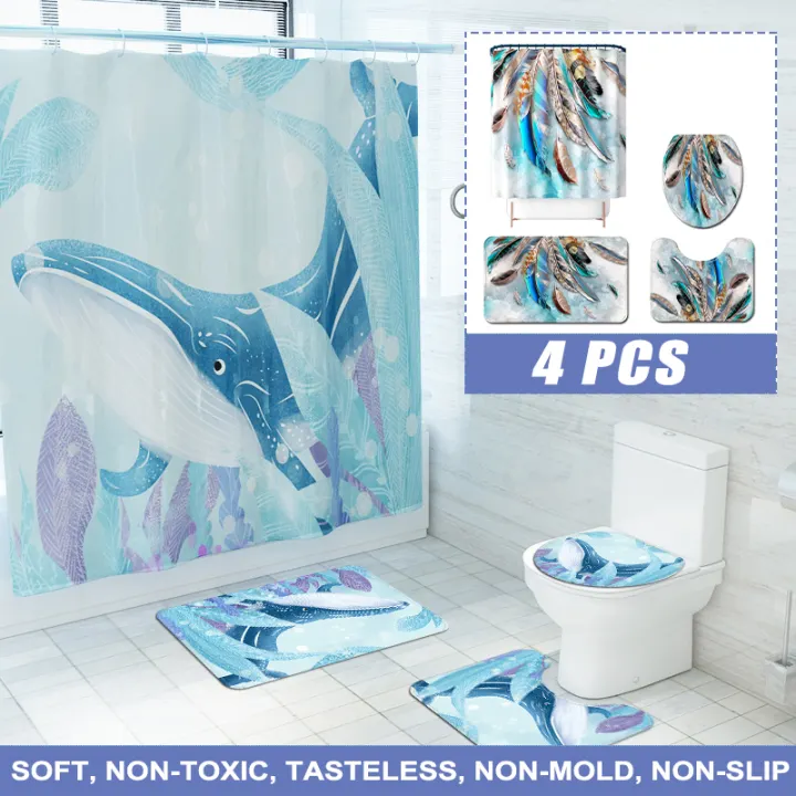 Bathroom Shower Curtain+Non-slip Bath Mat Pedestal Toilet Seat Cover Lid Rug Set