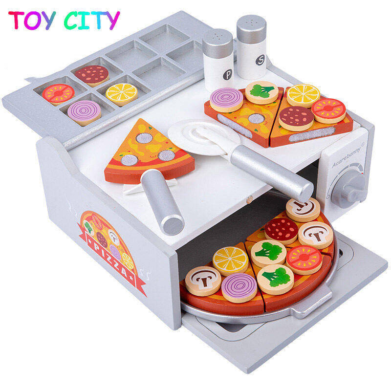 Pizza Oven Toy Play Set Kitchen Accessories and Toy Dishes Playset Toys for Toddler Girls and Boys 2 3 4 5 Year Old Pretend Play Wood Cooking Set for Kids with Play Food 