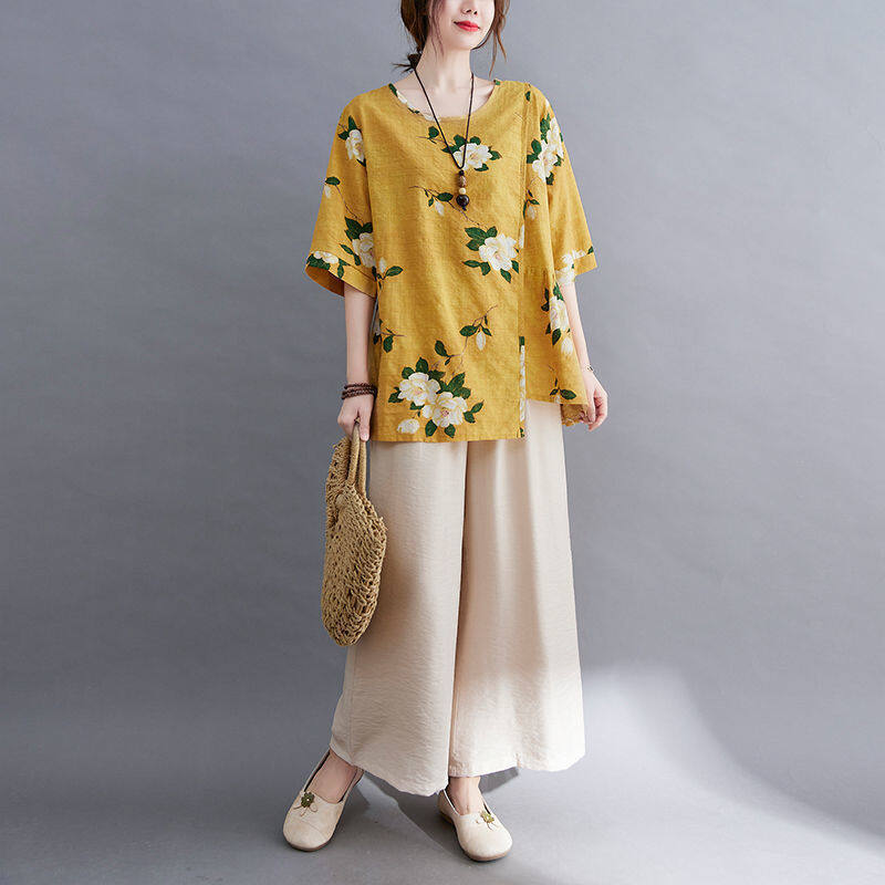 Set ao và quần vải lanh cotton thời trang giản dị set quần áo nữ bộ đồ hai mảnh rộng rãi cỡ lớn đa năng ngắn tay set ao và quần ống rộng