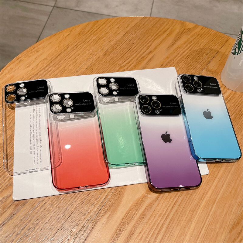 High quality glass lens film gradient pc phone case for iphone 14 12 13 14 pro max casing clean anti drop phone case