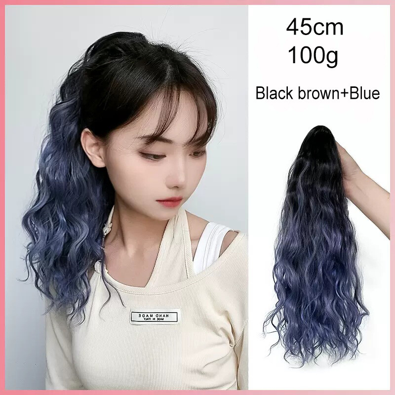 Synthctic tóc nối đuôi ngựa xoăn dài 45cm tóc giả màu đen nâu gradient màu hồng xanh dương cho nữ