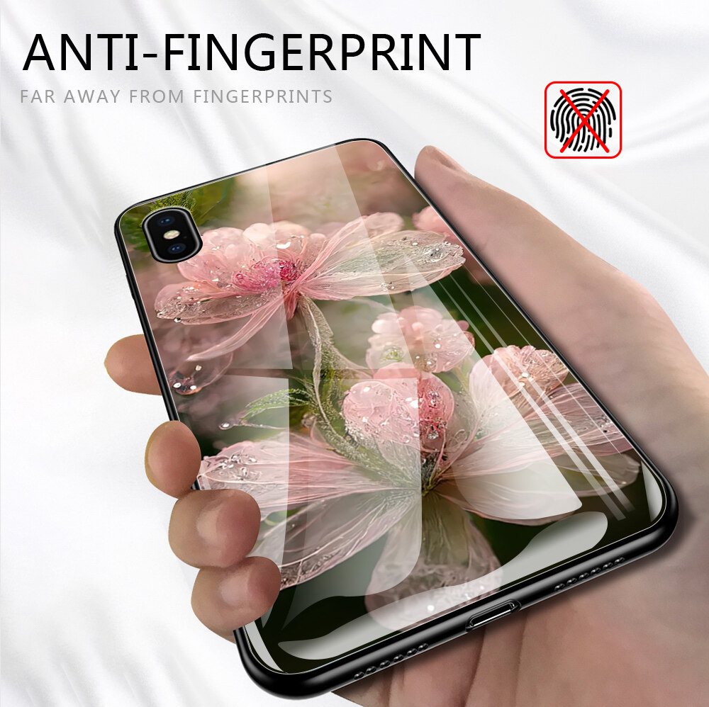 Jizetin Phone Casing For Xiaomi Redmi Note6 Note7 Note8 Note 8 Pro Note 8T Luxury Pink Flowers Crystal High Definition Design Shockproof Glossy Case Tempered Glass Back Cover Casing
