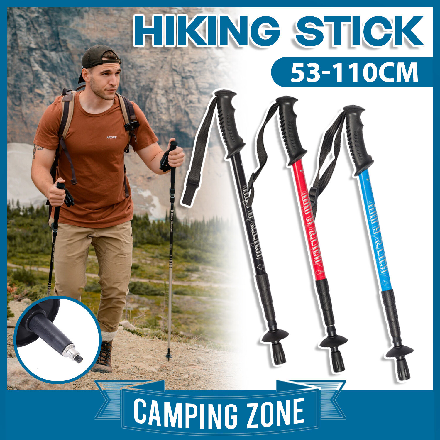 Hiking Stick Light Weight Trekking Pole Anti-Shock Adjustable Aluminium ...