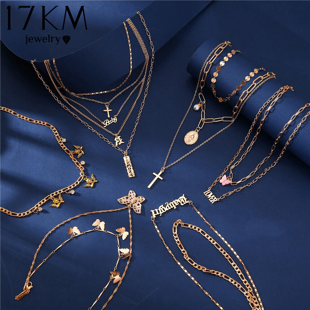 17KM Retro Multilayer Gold Necklace Personalized Choker Lock Butterfly Chain Pendant Necklaces Women Accessories Gift（Different styles and different lengths）