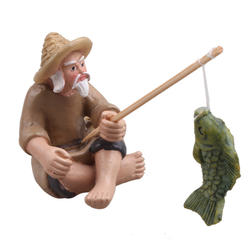 Fishing Old Man Resin Figure Statue Sitting Garden Ornament Outdoor Garden Pool Micro-Landscape Bonsai Garden Crafts