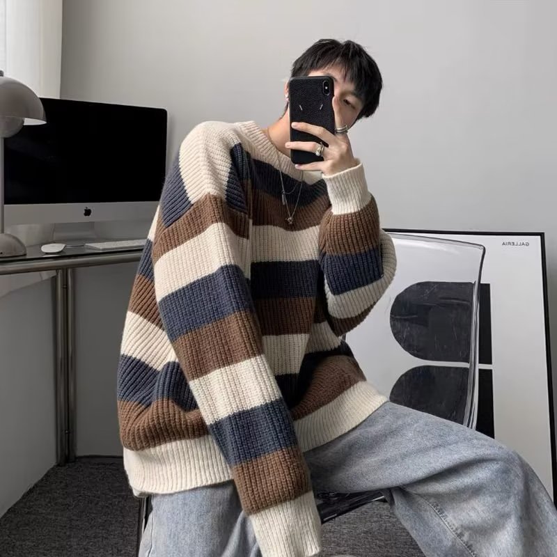 TIDE BEAR Men's Round Neck Striped Loose Casual Sweater style lazy pullover