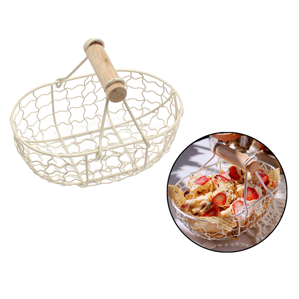 Fityle Iron Storage Basket Bread Fruit Basket with Wooden Handle Home Kitchen Desktop Organizer Snack Basket