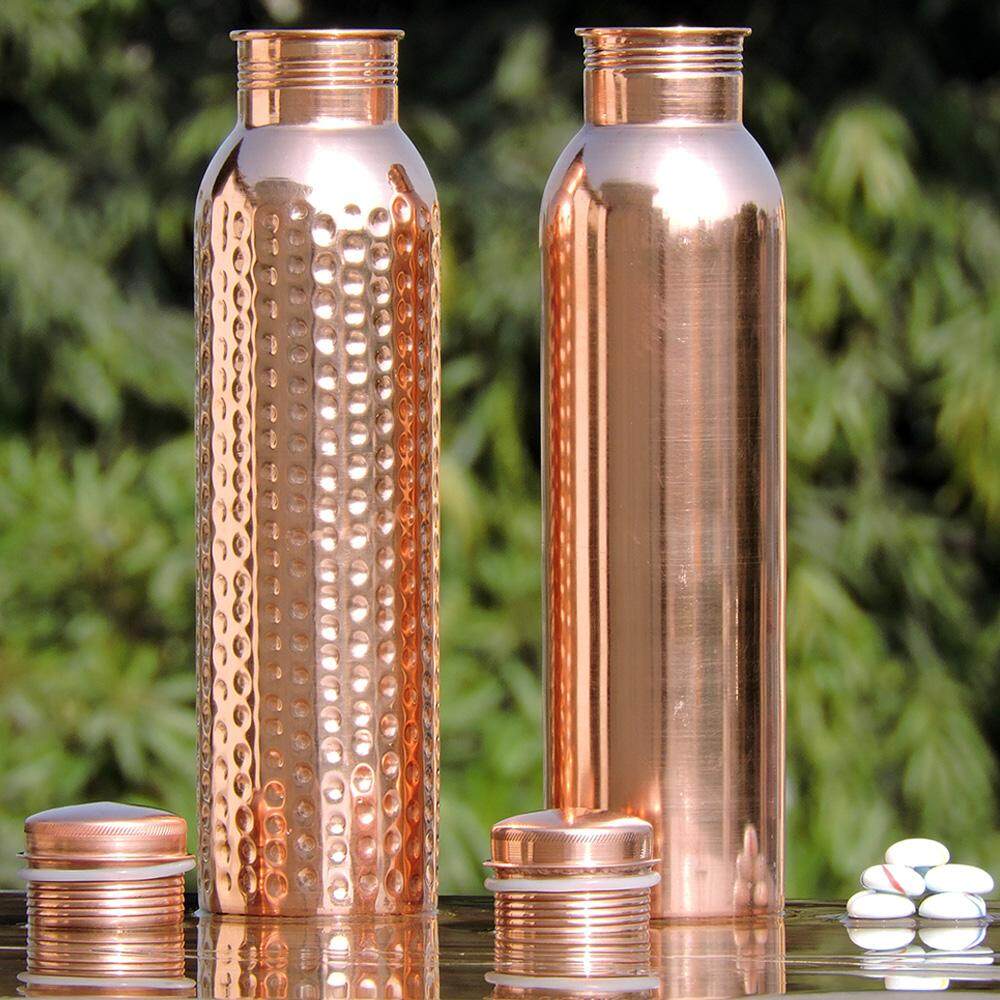 Pure Copper Water Bottle For Ayurveda Health Benefits Leak Proof Set of 02 New