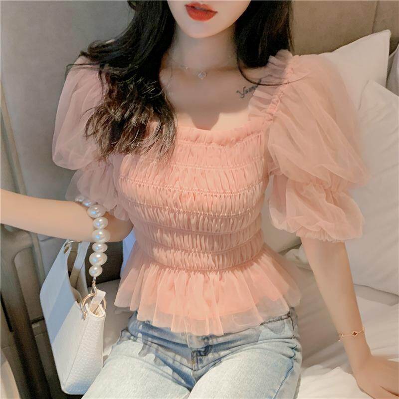 Pink Puff Sleeve Chiffon Blouse for Women Summer Off Shoulder Square Collar Top New Design Fashion Women Clothes