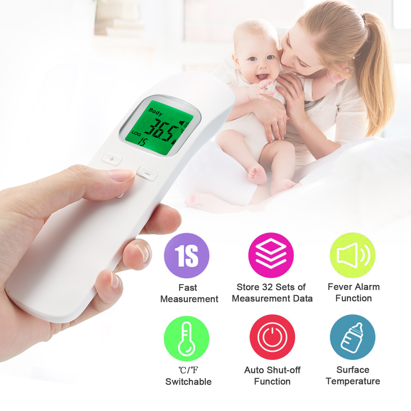 Non-Contact Infrared Thermometer Handheld Digital Forehead Thermometer Portable Body Object Temperature Gauge °C/°F Switchable LCD Backlight Display