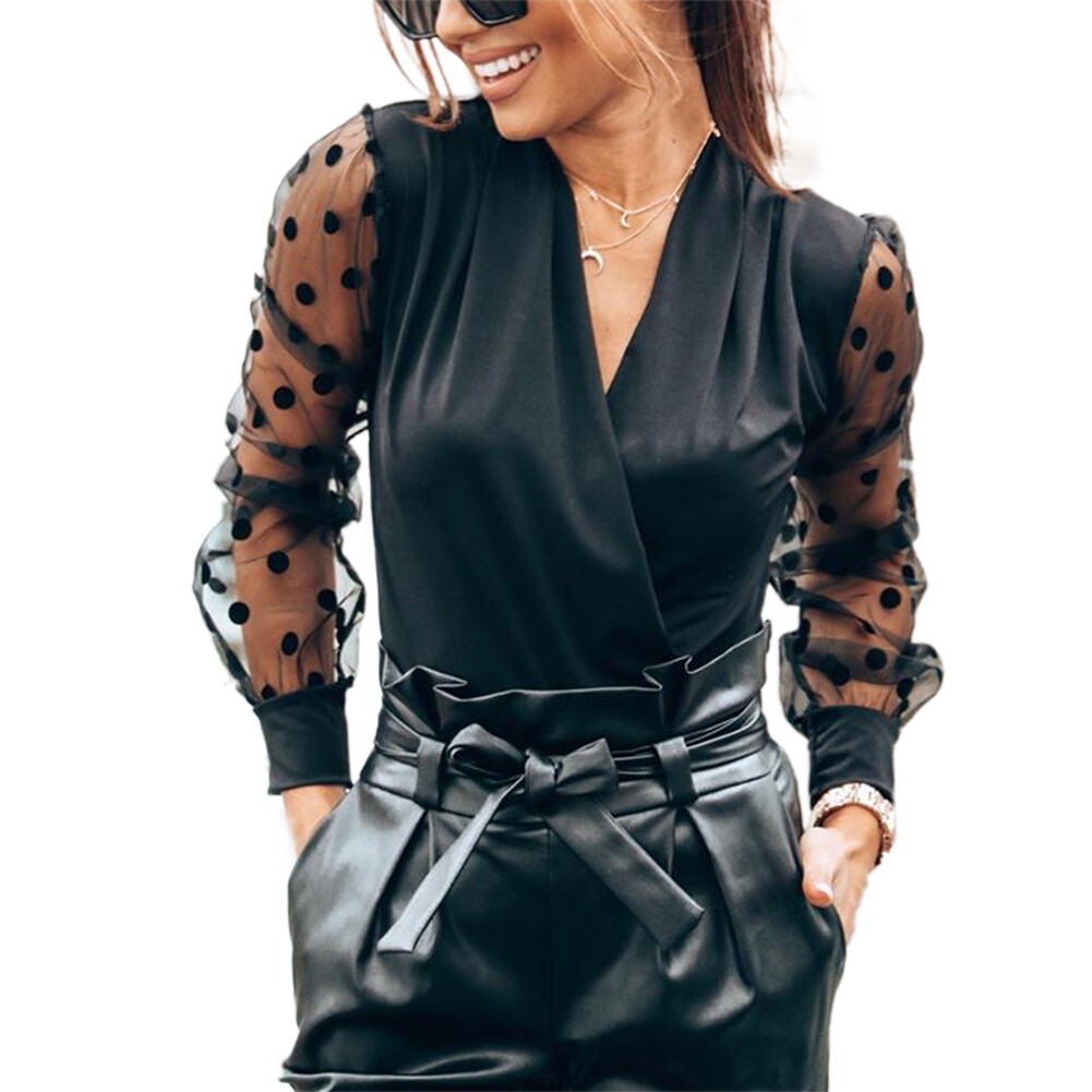 Modelhouses# Women Autumn Clothes, Black Polka Dot Stitching V-Neck Long Sleeve Form-Fitting Blouse
