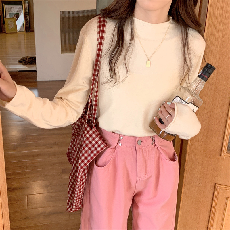 IELGY women's solid color half turtleneck long sleeve knitted bottoming shirt