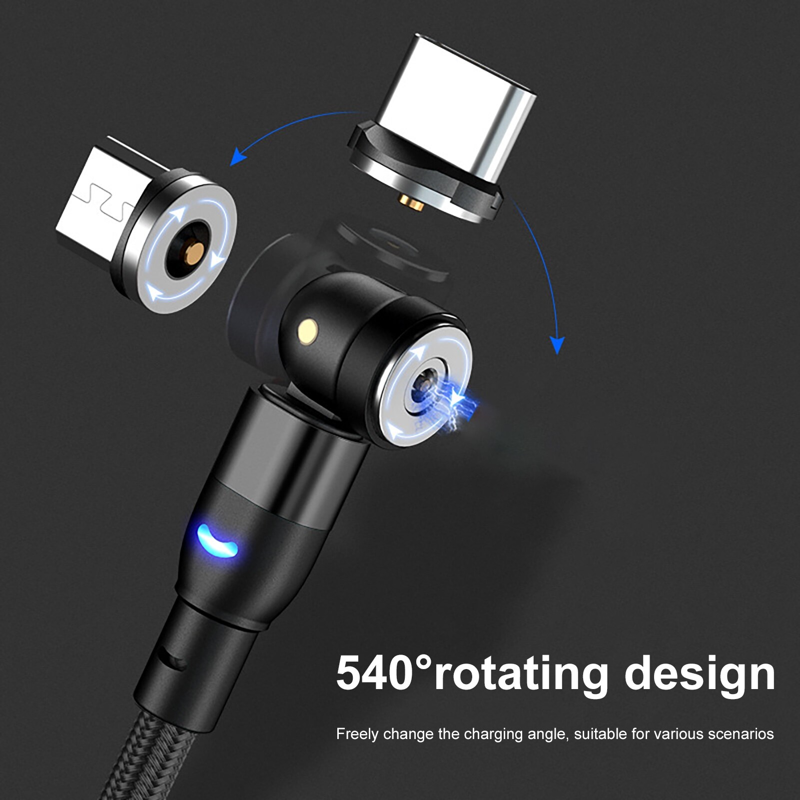 1m/2m 540 Degree Rotatable Magnetic QC3.0 Micro-USB Type-c Fast Charging CableQuick Charging Cable Is Suitable For Android Micro Usb Type-C Magnetic Charging Head Mobile Phone Charging Cable