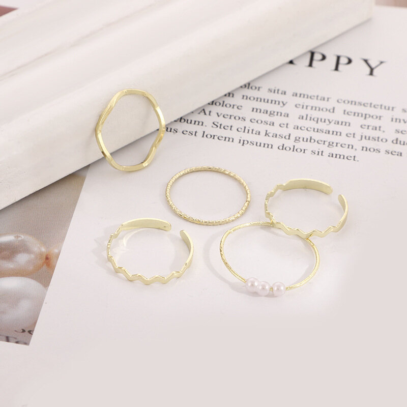 5Pcs Simulated Pearl Rings Set Simple Beads Geometric Wave Circle Finger Ring Trendy Joint Rings For Women Jewelry Gift