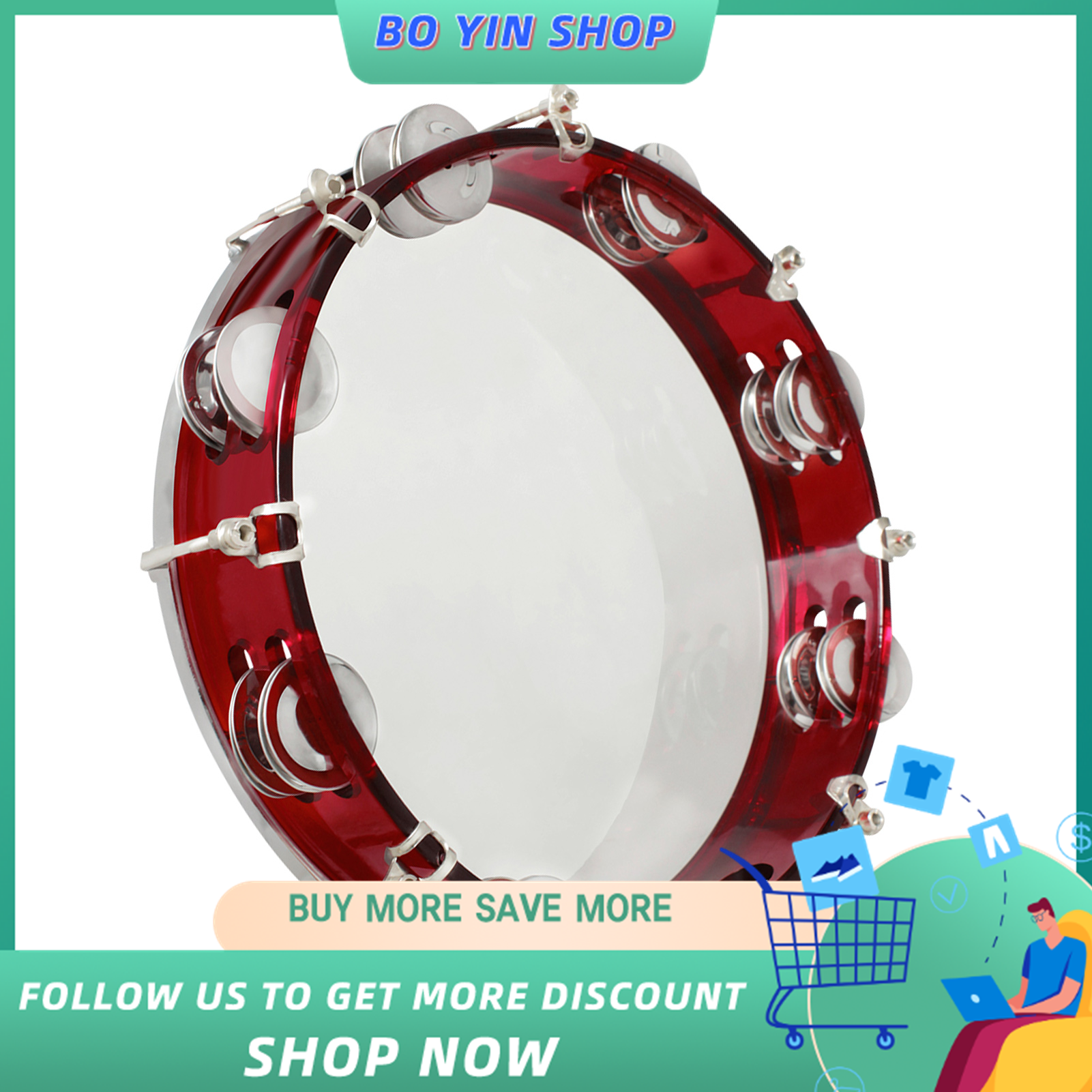 10 Inch Handheld Tambourine Double Row Tambourine Drum Set Percussion Instrument Musical Educational Toy Instrument for Church Performance Kids Adults with Tuning Key Red