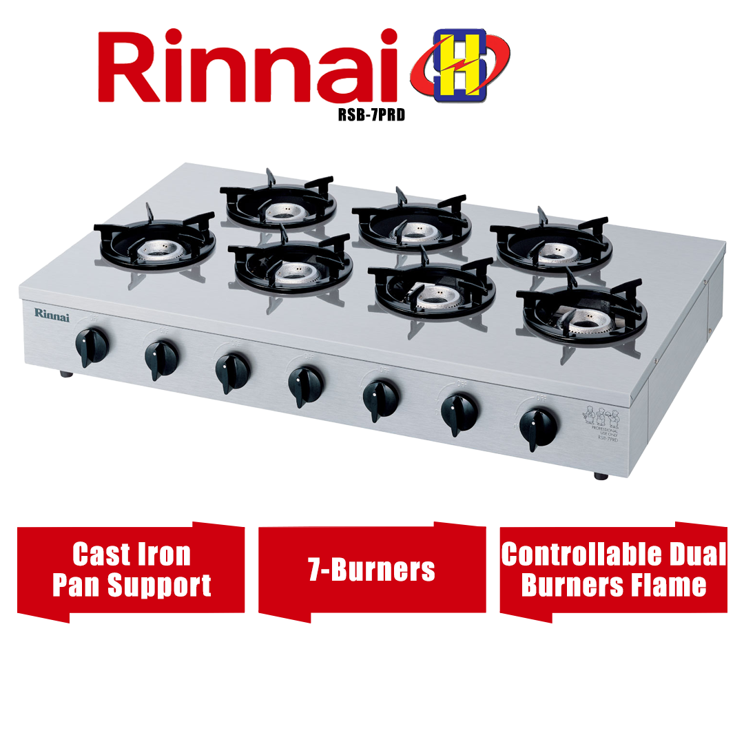 Rinnai Gas Cooker (90cm/6.0kW) 7Burners Auto ignition Stainless Steel Burner Table Top Range