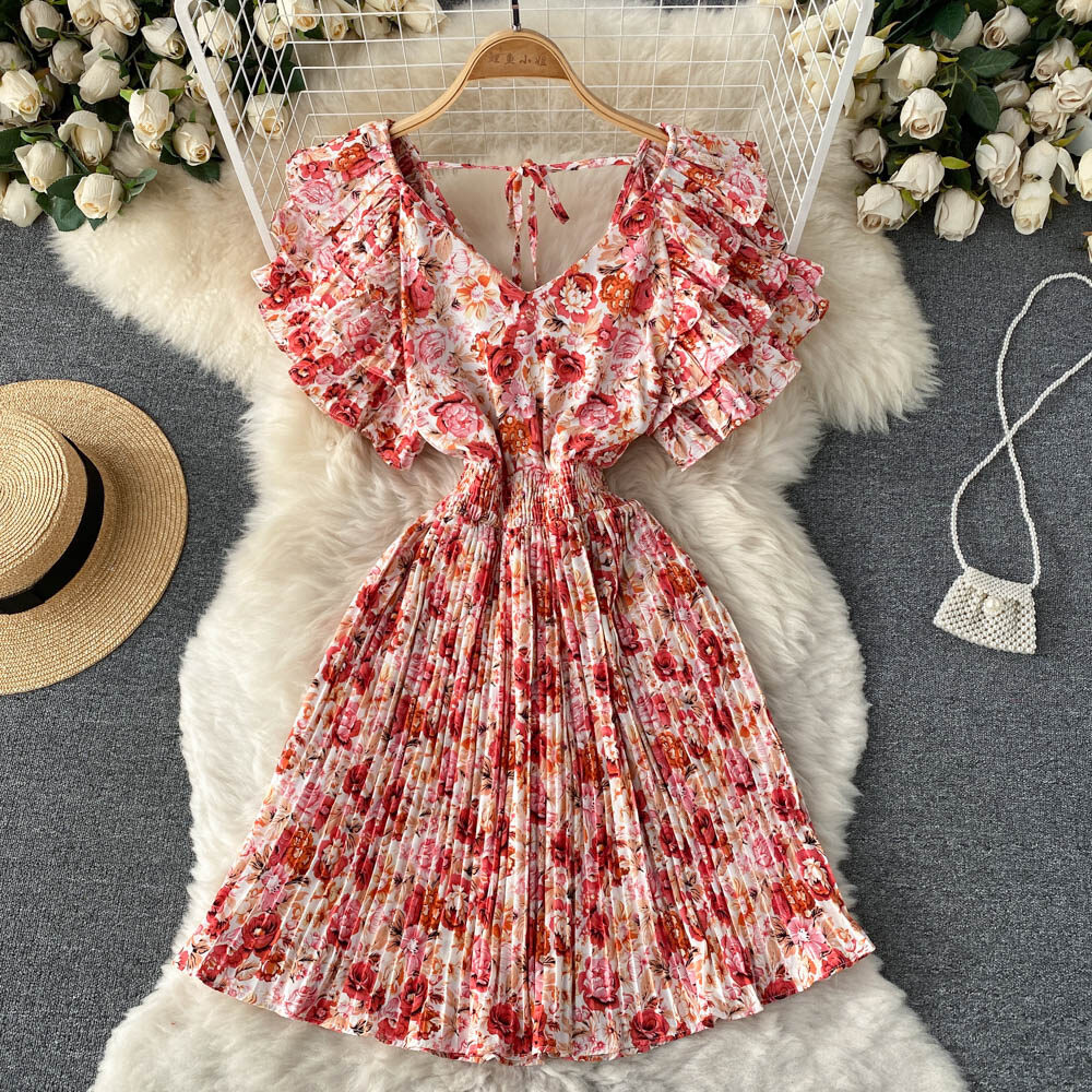 Fashion and Sweet Temperament Ladies All-match Floral V-neck Small Slim and Comfortable Ruffled Sleeves Heavy-duty Pleated A-line Dress