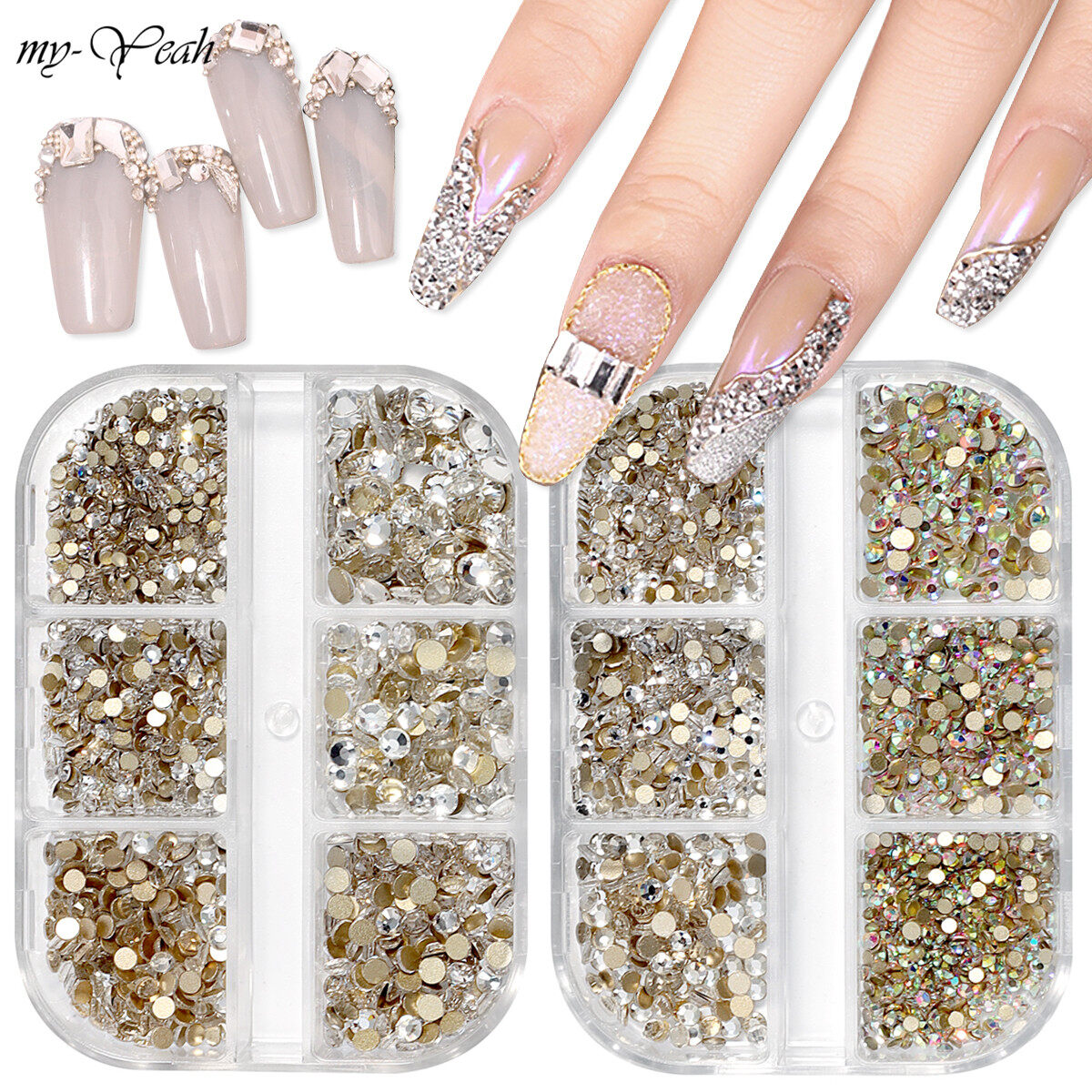 myyeah 6 Grids Flat-bottom Nail Art Rhinestones Mix Opal AB Glass Colors Diamond 3D DIY Manicure Nail Decorations Accessories