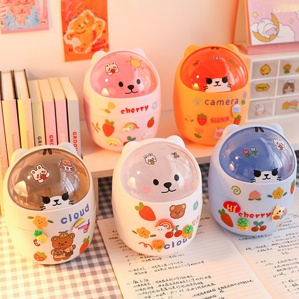 Creative Home Desktop Mini Trash Can Cover Storage Bucket Trash Can Practical Garbage Waste Bins Bag Holder Kitchen Bathroom Bedroom (with trash bag&sticker