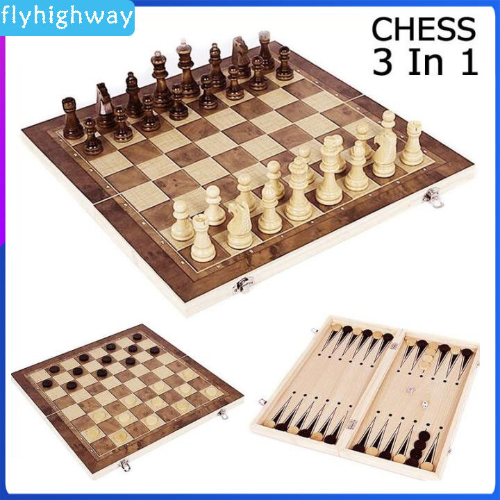 3 in1 Folding Wooden Chess Set Boards Game Checkers Backgammon Draughts TOY Foldable for use High-quality materials