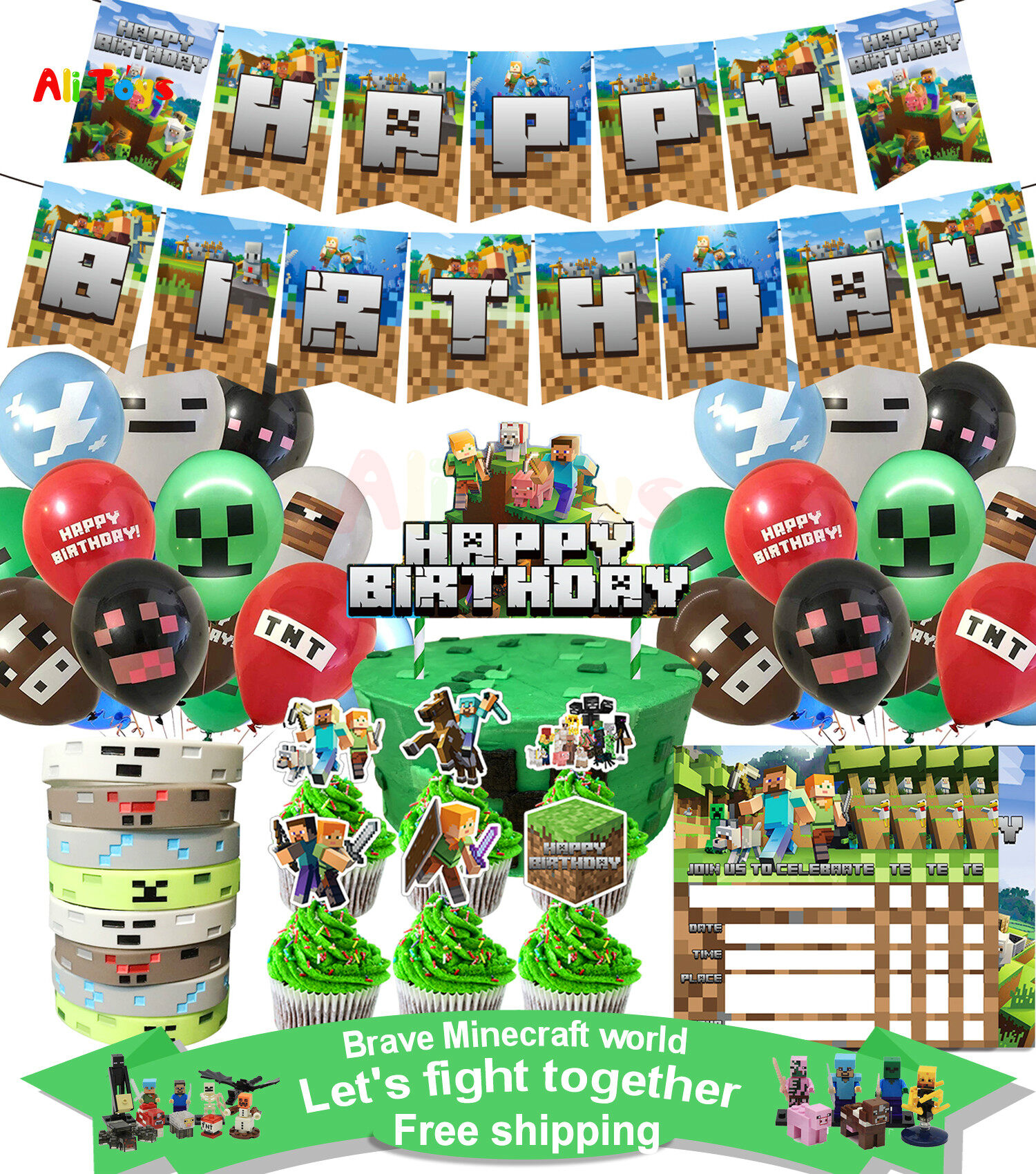 Minecraft Theme Ballons Birthday Party Set Pull Flag Cake Card Banner Balloon Birthdays Party Decoration Package For Boys And Girls Christmas Gift Lazada Ph