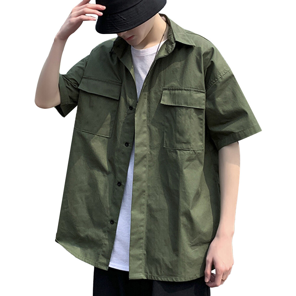 chenx Short Half Sleeves Tooling Shirt Pocket Street Men Plain Loose Casual Blouse Top