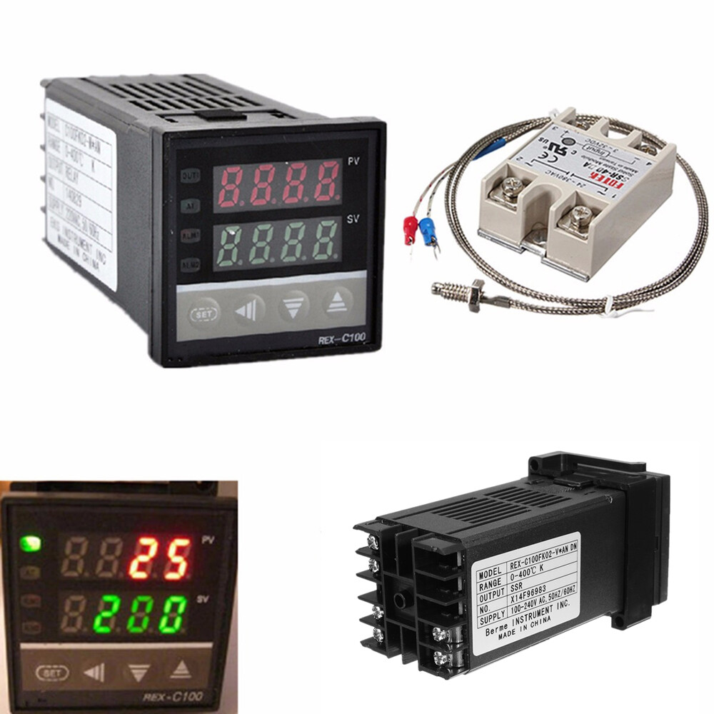 NANWEI Digital LCD PID REX-C100 Temperature Controller Set + K Thermocouple + Max.40A SSR