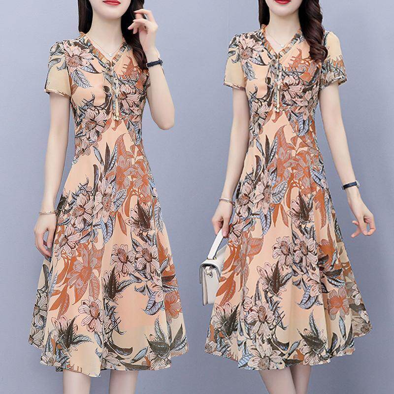 2022 Summer Dress New Women's 40-Year-Old Dress Belly-Covering Western Style Mother Noble Wide Lady Chiffon Dress